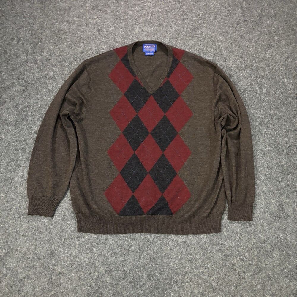 Pendleton V-Neck Sweater Size Large 100% Merino Wool Classic Fit Argyle Brown